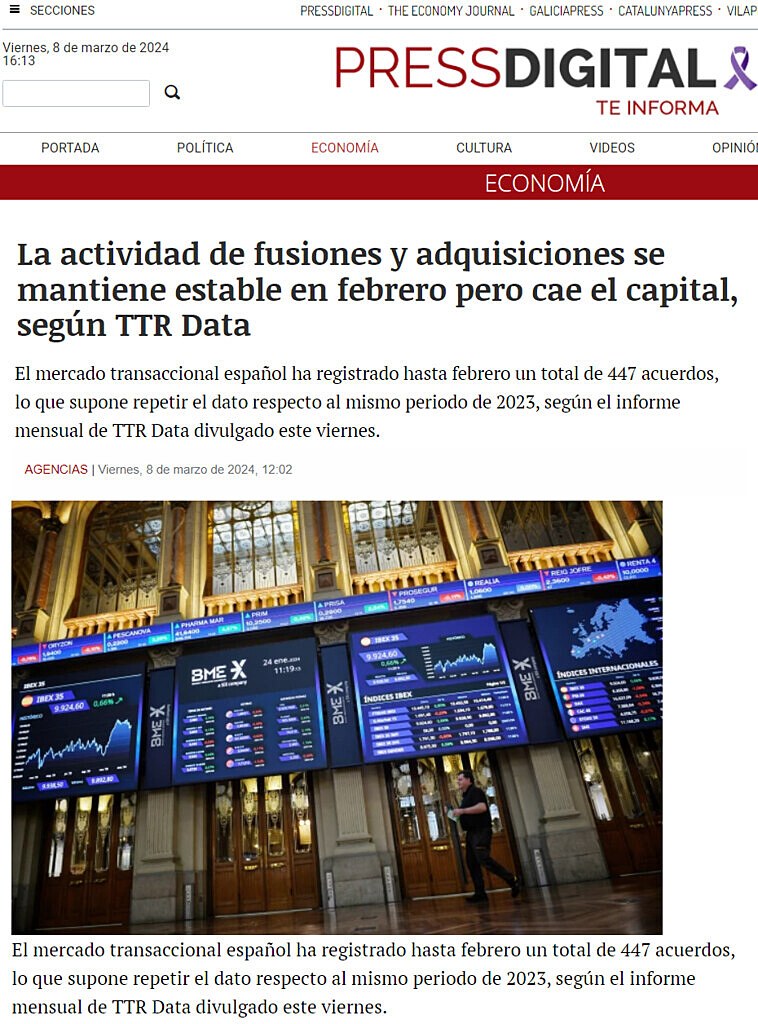 La actividad de fusiones y adquisiciones se mantiene estable en febrero pero cae el capital, segn TTR Data